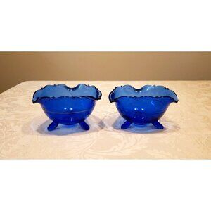 Cobalt Blue Bowl LE Smith Mt. Pleasant  Footed Scalloped Edge Set Of 2 Vintage